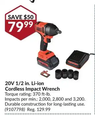 Princess Auto 20V 1/2 in. Li-ion Cordless Impact Wrench offer