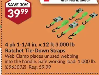 Princess Auto 4 pk 1-1/4 in. x 12 ft 3,000 lb Ratchet Tie-Down Straps offer