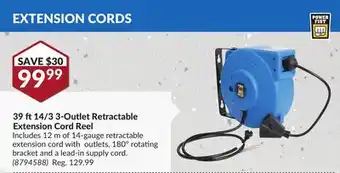 Princess Auto 39 ft 14/3 3-Outlet Retractable Extension Cord offer