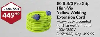Princess Auto 80 ft 8/3 Pro Grip High-Vis Yellow Welding Extension Cord offer