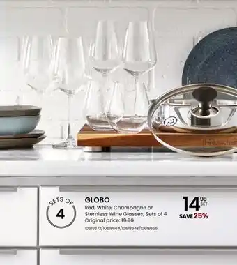 Stokes GLOBO Red, White, Champagne or Stemless Wine Glasses, Sets of 4 offer