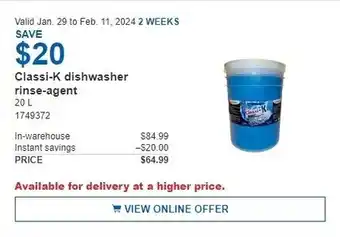 Costco Classi-K dishwasher rinse-agent 20L offer
