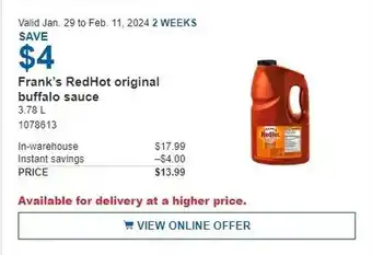 Costco Frank's RedHot original buffalo sauce offer