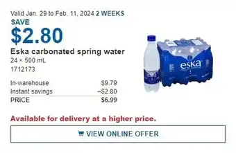 Costco Eska carbonated spring water offer