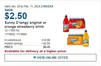 Costco Sunny D tangy original or orange strawberry drink offer