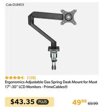 Shopper+ Ergonomics Adjustable Gas Spring Desk Mount for Most 17-30 LCD Monitors - PrimeCables offer