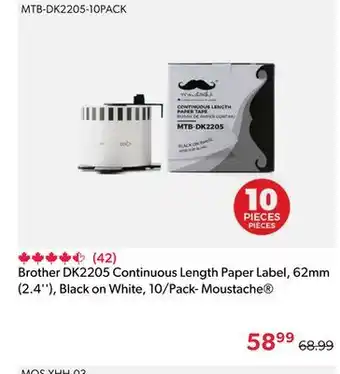 Shopper+ Brother DK2205 Continuous Length Paper Label, 62mm (2.4''), Black on White, 10/Pack- Moustache offer