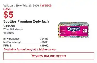 Costco Scotties Premium 2-ply facial tissues offer