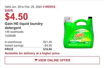 Costco Gain HE liquid laundry detergent offer