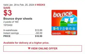 Costco Bounce Dryer Sheets offer