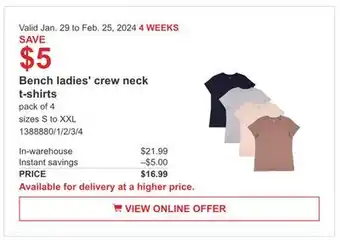 Costco Bench ladies' crew neck t-shirts offer