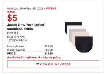 Costco Jones New York ladies' seamless briefs offer