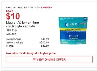 Costco Liquid I.V. lemon lime electrolyte sachets offer