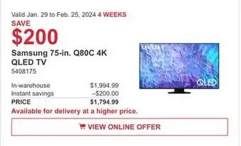 Costco Samsung 75-in. Q80C 4K QLED TV offer