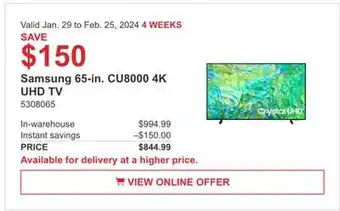 Costco Samsung 65-in. CU8000 4K UHD TV offer