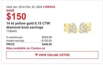 Costco 14 Kt Yellow Gold 0.15 CTW Diamond Knot earrings offer