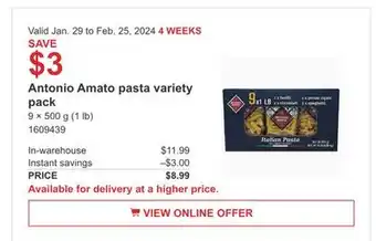 Costco Antonio Amato pasta variety pack offer