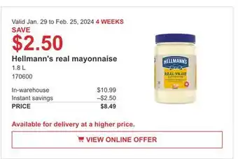 Costco Hellmann's real mayonnaise offer