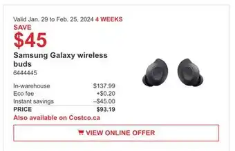 Costco Samsung Galaxy Wireless Buds offer