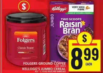 Food Basics FOLGERS GROUND COFFEE OR KELLOGG'S JUMBO CEREAL offer