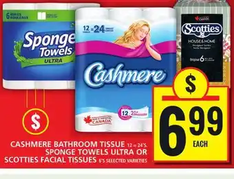 Food Basics CASHMERE BATHROOM TISSUE OR SPONGE TOWELS ULTRA OR SCOTTIES FACIAL TISSUES offer