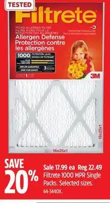Canadian Tire 3M Filtrete 1000 MPR Single Packs offer