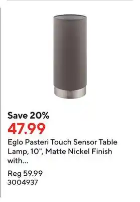 Staples Eglo Pasteri Touch Sensor Table Lamp, 10, Matte Nickel Finish with Taupe Fabric Shade offer