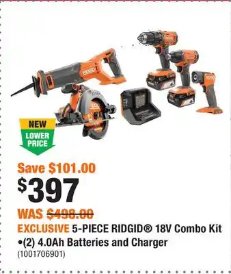 Home Depot EXCLUSIVE 5-PIECE RIDGID 18V Combo Kit •(2) 4.0Ah Batteries and Charger offer