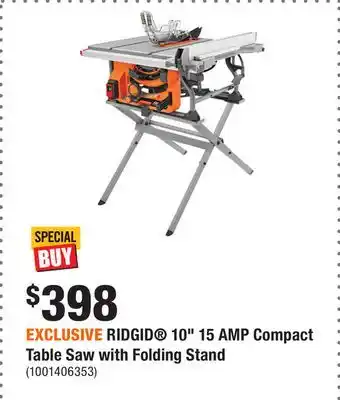 Home Depot EXCLUSIVE RIDGID 10 15 AMP Compact Table Saw with Folding Stand offer