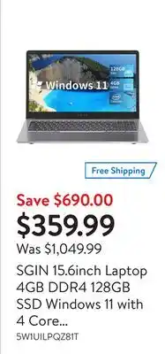 Walmart SGIN 15.6inch Laptop 4GB DDR4 128GB SSD Windows 11 with 4 Core Intel Celeron, Full HD 1920x1080 offer