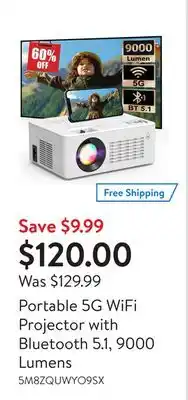 Walmart Portable 5G WiFi Projector with Bluetooth 5.1, 9000 Lumens offer
