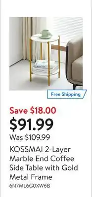 Walmart KOSSMAI 2-Layer Marble End Coffee Side Table with Gold Metal Frame offer