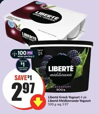 FreshCo Liberté Greek Yogourt 4 pk, Liberté Méditerranée Yogourt 500g offer