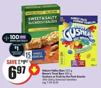 FreshCo Nature Valley Bars 525g, Reese's Treat Bars 385g, Gushers or Fruit by the Foot Snacks 340-368g Selected Varieties offer