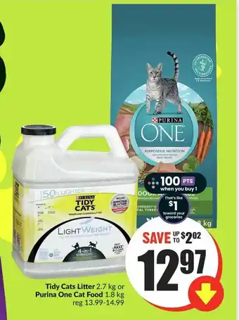 FreshCo Tidy Cats Litter 2.7kg or Purina One Cat Food 1.8kg offer