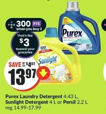 FreshCo Purex Laundry Detergent 4.43L, Sunlight Detergent 4L or Persil 2.2L offer