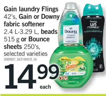 Fortinos GAIN LAUNDRY FLINGS 42'S, GAIN OR DOWNY FABRIC SOFTENER 2.4 L-3.29 L, BEADS 515 G OR BOUNCE SHEETS 250'S offer