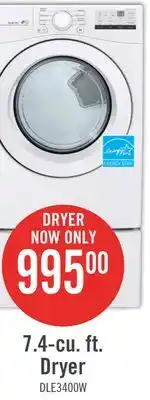 The Brick LG 7.4 Cu. Ft. Ultra Large Capacity Electric Dryer - DLE3400W offer