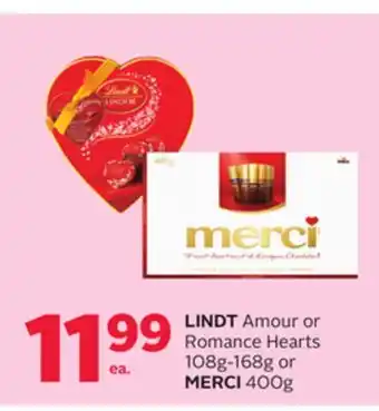 Rexall LINDT Amour or Romance Hearts 108g-168g or MERCI 400g offer