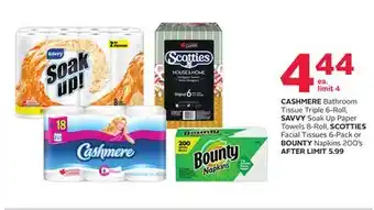 Rexall CASHMERE Bathroom Tissue Triple 6-Roll, SAVVY Soak Up Paper Towels 8-Roll, SCOTTIES Facial Tissues 6-Pack or BOUNTY Napkins 2 offer