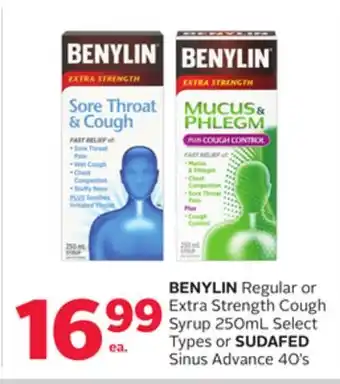 Rexall BENYLIN Regular or Extra Strength Cough Syrup 250mL Select Types or SUDAFED Sinus Advance 40' s offer