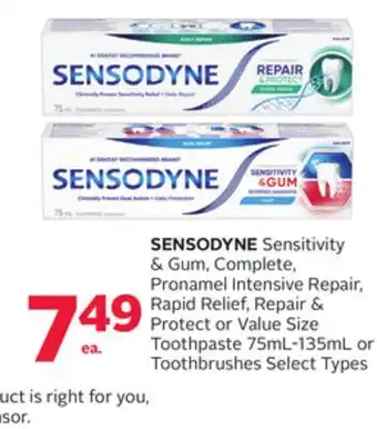 Rexall SENSODYNE Sensitivity & Gum, Complete, Pronamel Intensive Repair, Rapid Relief, Repair & Protect or Value Size Toothpaste 75m offer