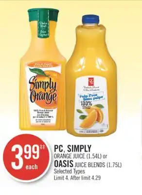 Shoppers Drug Mart PC, SIMPLY ORANGE JUICE (1.54L) or OASIS JUICE BLENDS (1.75L) offer
