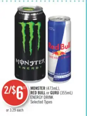 Shoppers Drug Mart MONSTER (473mL), RED BULL or GURU (355mL) ENERGY DRINK offer