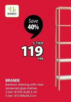JYSK BRANDE Bamboo shelving with clear tempered glass shelves offer