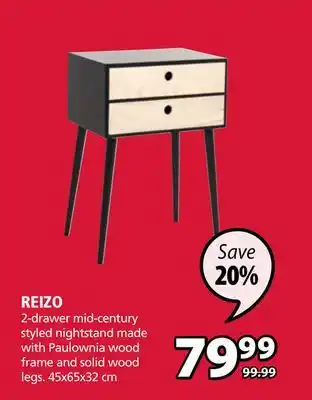 JYSK REIZO 2-drawer mid-century styled nightstand offer
