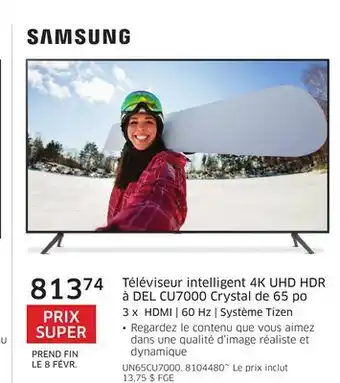 The Source Téléviseur intelligent 4K UHD HDR à Del CU7000 Crystal de 65 po SAMSUNG offer