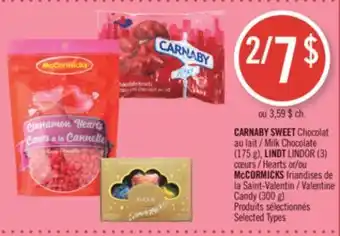Pharmaprix CARNABY SWEET Chocolat Milk Chocolate (175 g), LINDT LINDOR (3) Hearts or Valentine Candy (300 g) offer