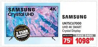2001 Audio Video SAMSUNG 75 UHD 4K SMART Crystal Display TV offer