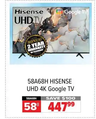 2001 Audio Video HISENSE 58 UHD 4K Google TV offer